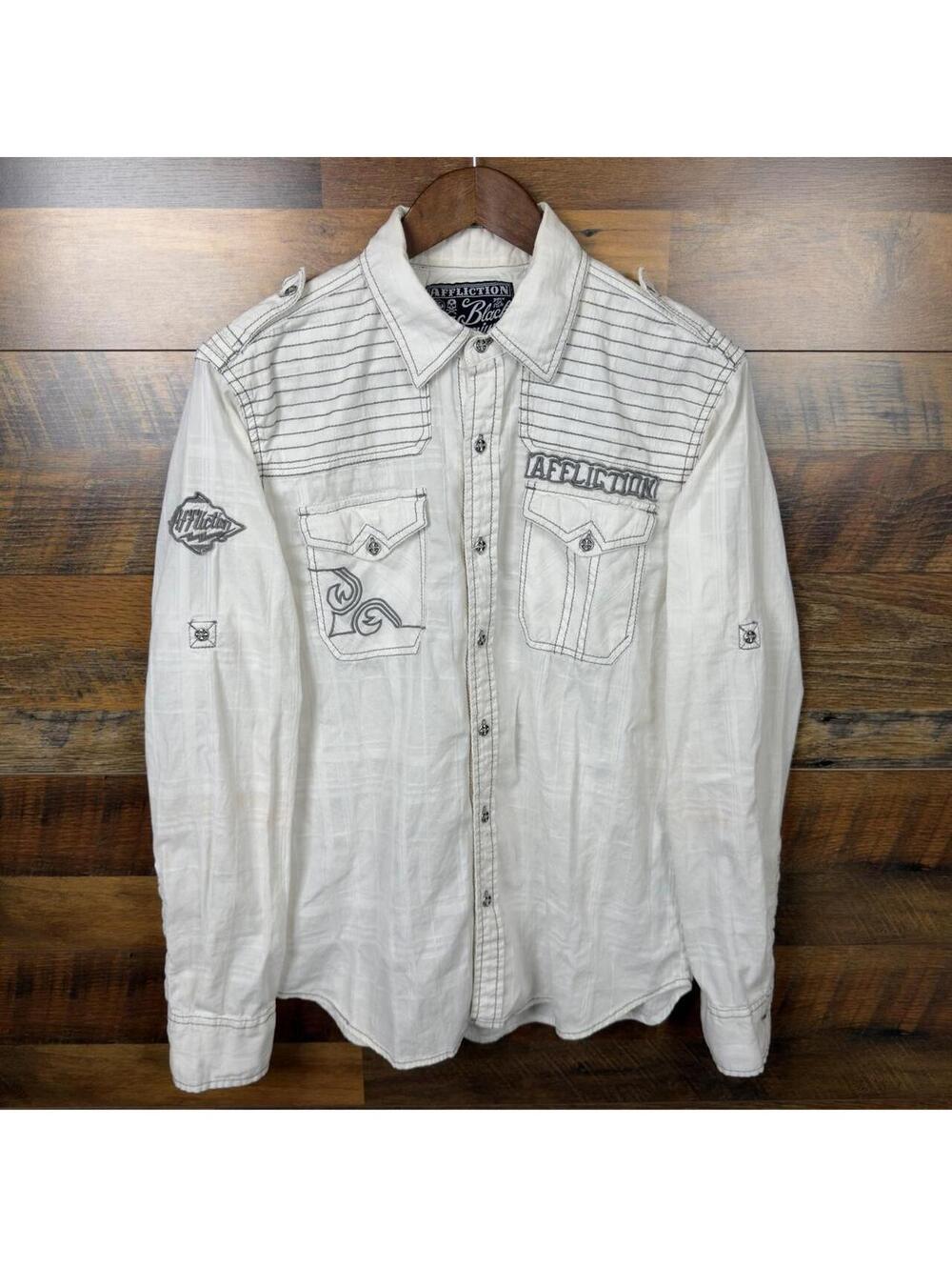 Affliction Black Premium White Striped Embroidered Button Up Shirt Men’s Medium